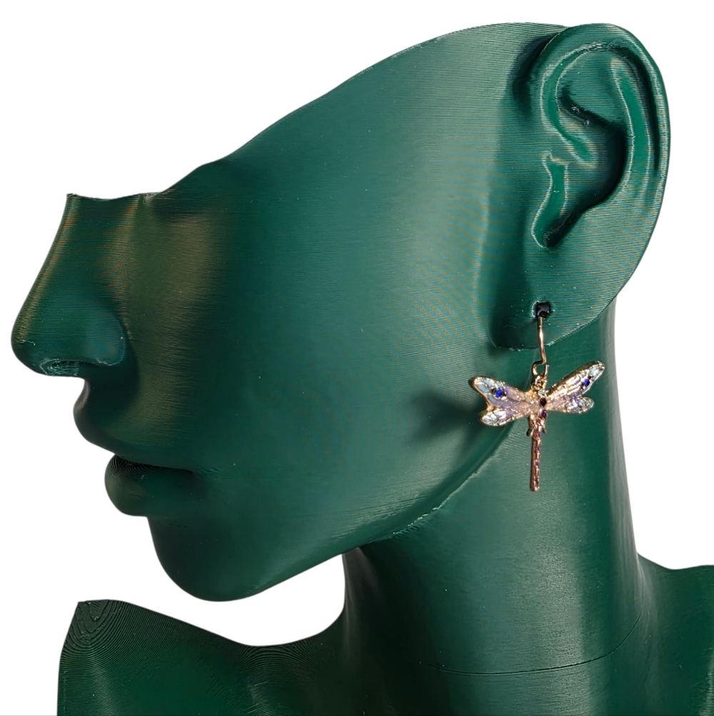 Gold Dragonfly Crystal Nouvelle Art Deco Dangle Earrings By Stauer Jewelry - Picture 4 of 6